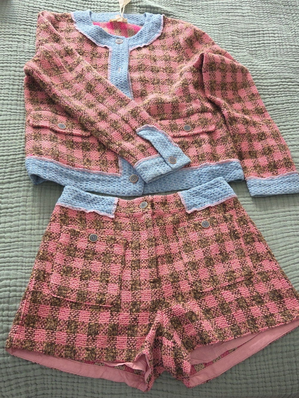 Mystree Pink and Brown Check Knit Short/Jacket Set with Light Blue Trim